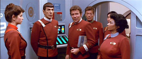 Kirstie Alley, Leonard Nimoy, William Shatner, DeForest Kelley, George Takei und Nichelle Nichols in «Star Trek II: The Wrath of Khan»